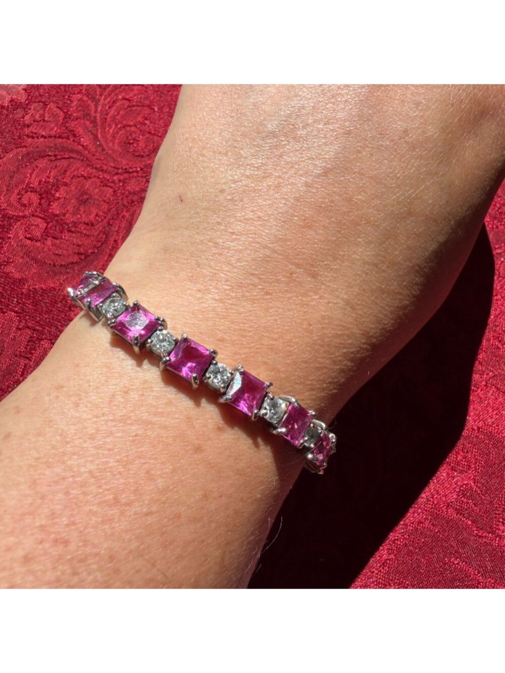 Vintage Sterling Silver 925 Pink Topaz CZ Tennis Bracelet Square Princess Cut